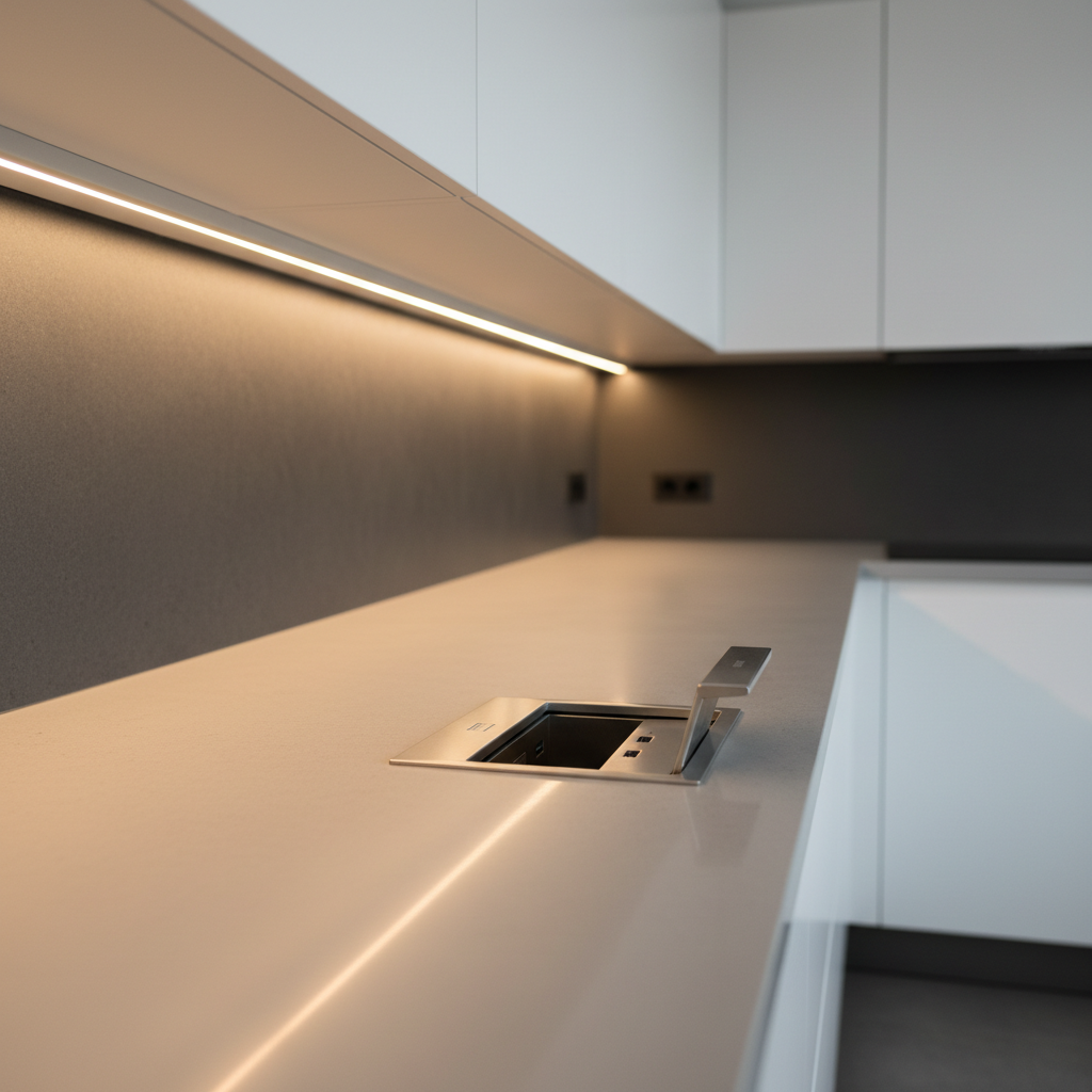 An immaculate under-cabinet LED lighting installation in a modern kitchen, with a row of slim aluminum LED profiles casting an even, warm-white glow onto a matte light-gray quartz countertop. The underside of the wall cabinets features neatly hidden wiring and cleanly aligned fixtures, emphasizing professional workmanship. On the counter, only a single brushed stainless-steel outlet module with integrated USB ports breaks the minimalism. The rest of the kitchen, with flat-front white cabinets and a dark backsplash, is softly blurred in the background. Photographic realism, shot from a low oblique angle along the countertop, captures subtle reflections and gentle shadows, creating a calm, high-end atmosphere that highlights the benefits of quality electrical lighting installations in everyday living spaces.