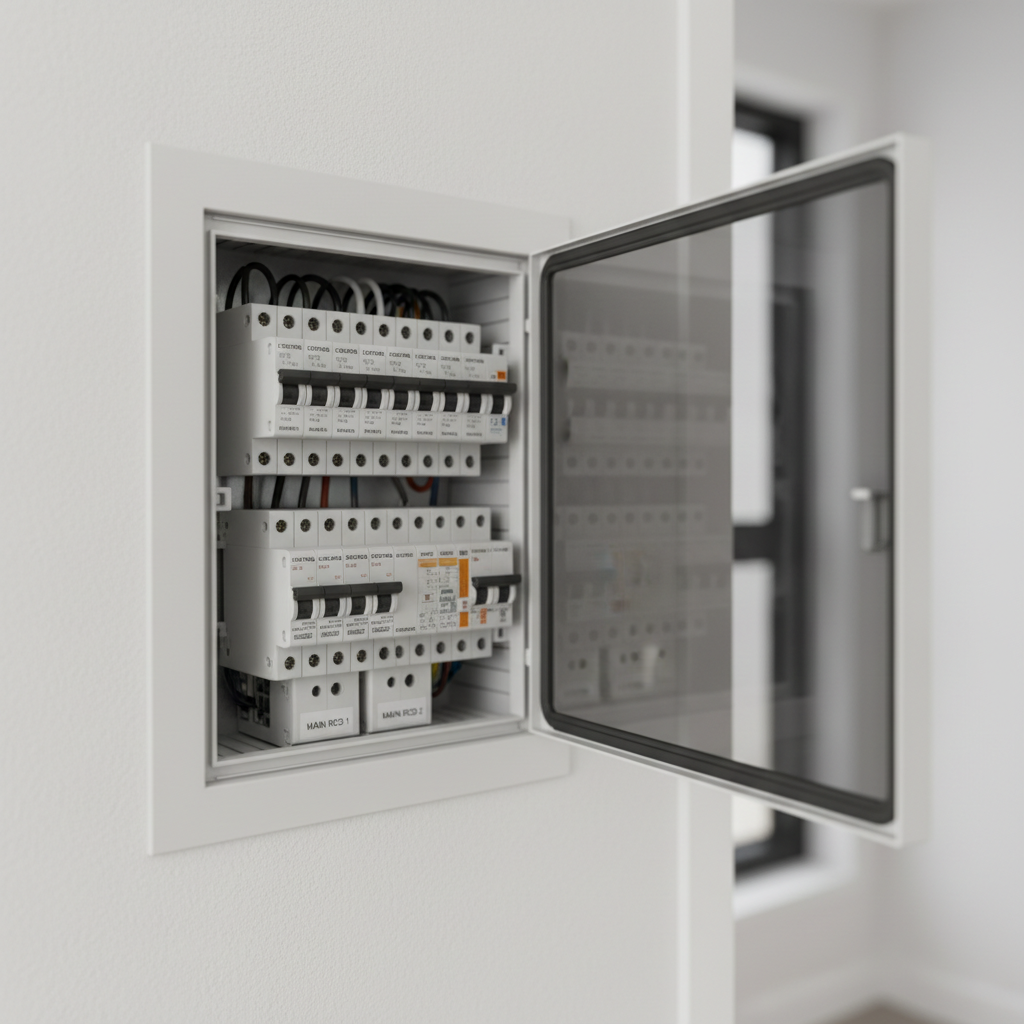 A close-up of a modern residential electrical distribution board, featuring a pristine white plastic housing with a transparent smoked-gray door swung open, revealing perfectly aligned miniature circuit breakers and residual current devices. Each breaker is clearly labeled with clean black typography on white strips. The board is recessed into a freshly painted white plaster wall in a contemporary home hallway. Soft, diffused daylight from an unseen side window gently illuminates the scene, creating subtle shadows that enhance depth. Captured in photographic realism from a slightly elevated angle with a shallow depth of field, the focus rests on the breakers and labels, while the edges of the wall and door blur softly, evoking precision, safety, and professional craftsmanship.