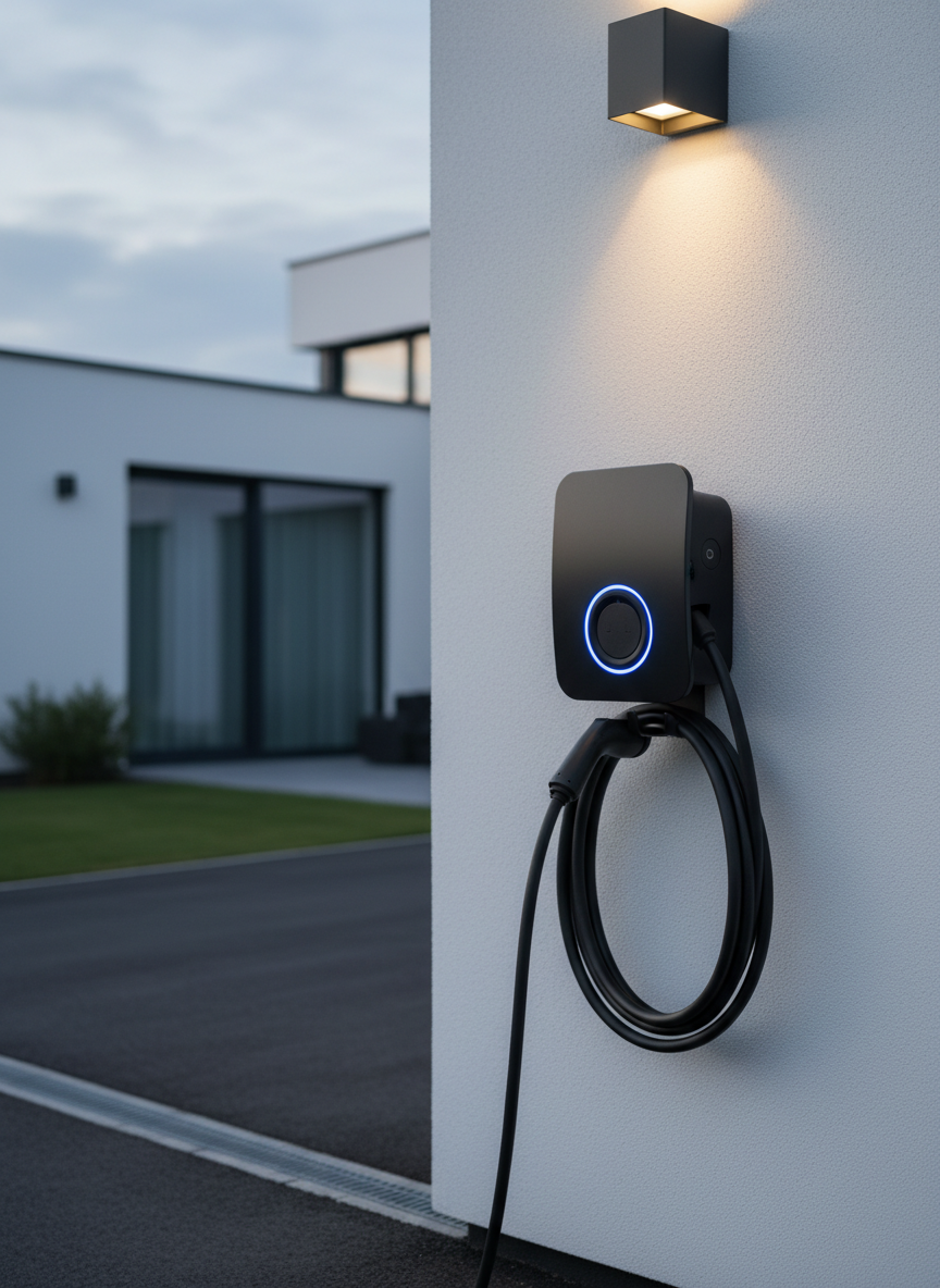 A sleek, wall-mounted EV charging station in dark anthracite with a subtle satin finish, installed on a smooth exterior white stucco wall beside a neatly paved driveway. A thick, high-quality black charging cable coils elegantly on an integrated hook, its plug resting in a illuminated docking port with a soft blue LED ring. The scene is lit by gentle early evening ambient light, complemented by a warm wall-mounted exterior light casting a clean cone of illumination over the charger. A modern home façade with blurred landscaping forms the background. Photographic realism, shot at eye level with balanced composition, creates a calm, trustworthy, and technologically advanced atmosphere, ideal for showcasing professional installation of e-mobility solutions.