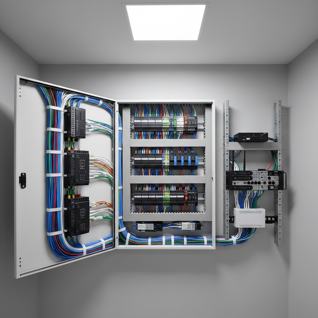 A modern KNX and smart-home electrical distribution cabinet, its white metal door open to reveal perfectly arranged DIN-rail mounted modules, slim logic controllers, and tidy bundles of data and power cables secured with matching velcro straps. Each line is labeled with precise printed tags. The cabinet is flush-mounted in a smooth light-gray wall of a contemporary utility room, beside a minimalist network rack. Cool neutral LED panel lighting from the ceiling creates an evenly lit, high-tech atmosphere with soft, controlled shadows. Captured in photographic realism from a straight-on eye-level perspective with sharp focus throughout, the image emphasizes structure, clarity, and advanced building technology, embodying a professional partner for complex electrical and smart-home solutions.