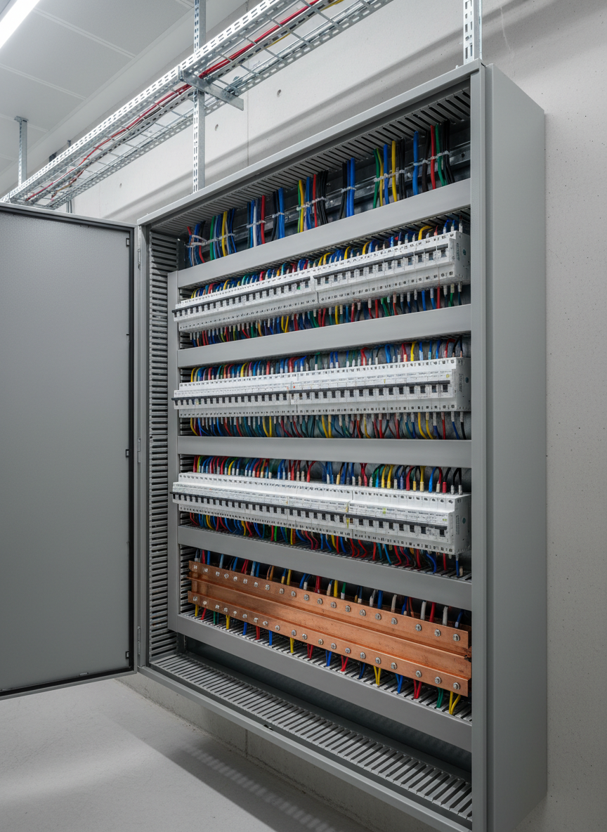 A meticulously organized electrical control panel with rows of neatly labeled circuit breakers, cleanly routed multicolored cables, and polished metal busbars mounted inside a matte gray steel cabinet. The cabinet stands against a smooth light concrete wall in a spotless technical room, with cable trays disappearing into the ceiling. Cool, even LED ceiling lights create a bright, shadow-free environment, emphasizing precision and order. The photographic realism captures crisp details of screws, labels, and cable insulation. Shot at eye level with a slight three-quarter angle and sharp focus throughout, the image feels professional, reliable, and modern, perfectly conveying a high-quality electrical installation handled by an expert partner in all things electricity.