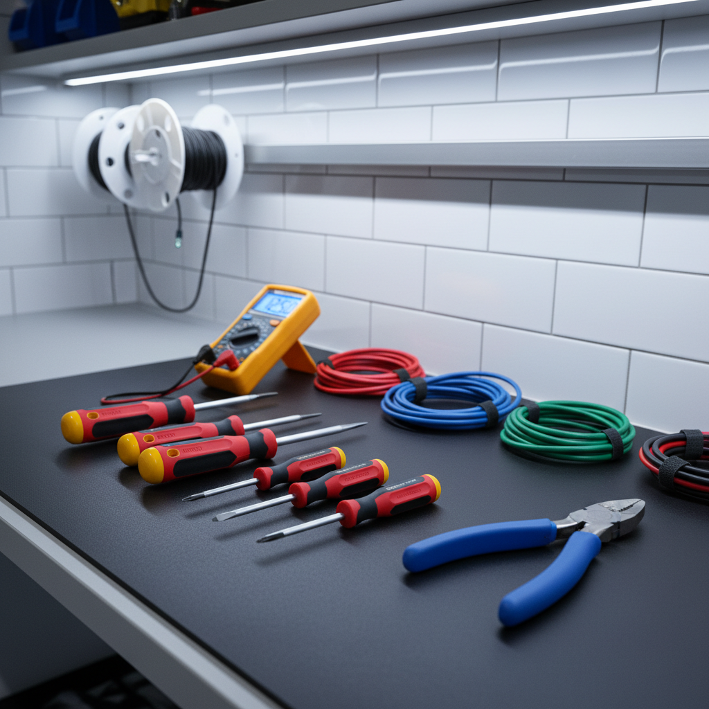 A detailed view of a premium electrical tools setup arranged on a clean, dark rubberized workbench mat in a bright utility room. Insulated screwdrivers with red and yellow handles, a digital multimeter with a crisp illuminated display, precision wire strippers, and neatly coiled color-coded cables form an orderly layout. Behind them, a white tiled wall hosts a few mounted cable reels and an empty metal tool rail. Neutral overhead LED lighting provides even, glare-free illumination, highlighting the textures of plastic, metal, and rubber. Photographic realism with a slightly elevated angle and shallow depth of field keeps the tools in razor-sharp focus while the background gently blurs, communicating professionalism, readiness, and technical expertise without any human presence.